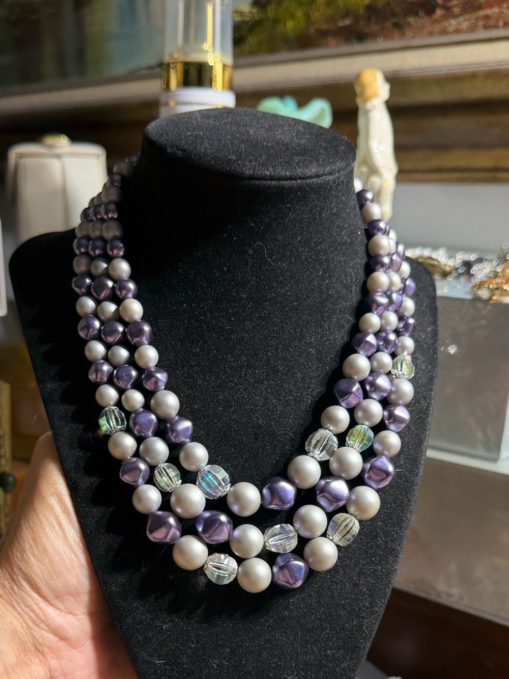 Vintage Japan Triple-Strand Purple Beaded Necklace